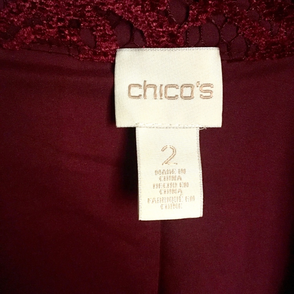{Chico's} Cranberry Peplum Lace Overlay Jacket, L - Picture 4 of 8